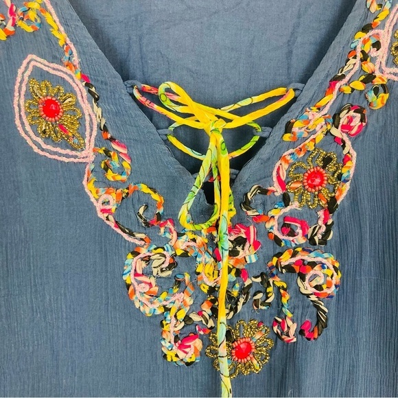 Antica Sartoria blue semi sheer embellished tie front tunic. Size small - Picture 3 of 9